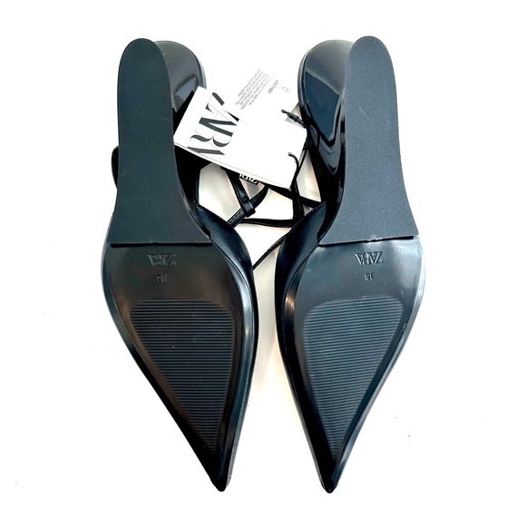 NWT New Zara Strappy Heels Shoes, Black Leather, Silver Hardware Size 5 - Picture 2 of 3